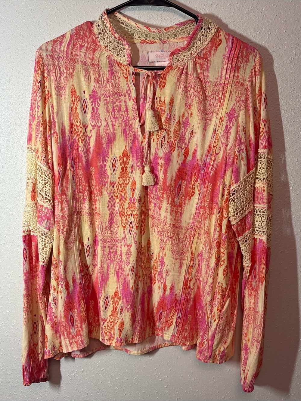 Boho Tie-Neck Crochet-Trim Tunic Top - Pink & Cream